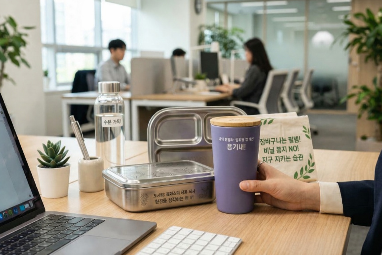 직장인이 책상에 텀블러, 에코백, 다회용기를 두고 제로웨이스트를 실천하는 모습