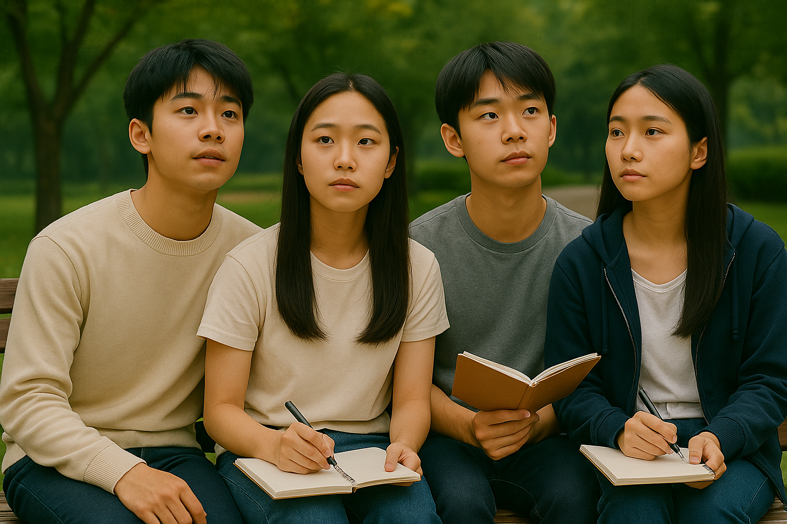 미래에 대해 생각하며 노트를 펼친 청소년들의 모습