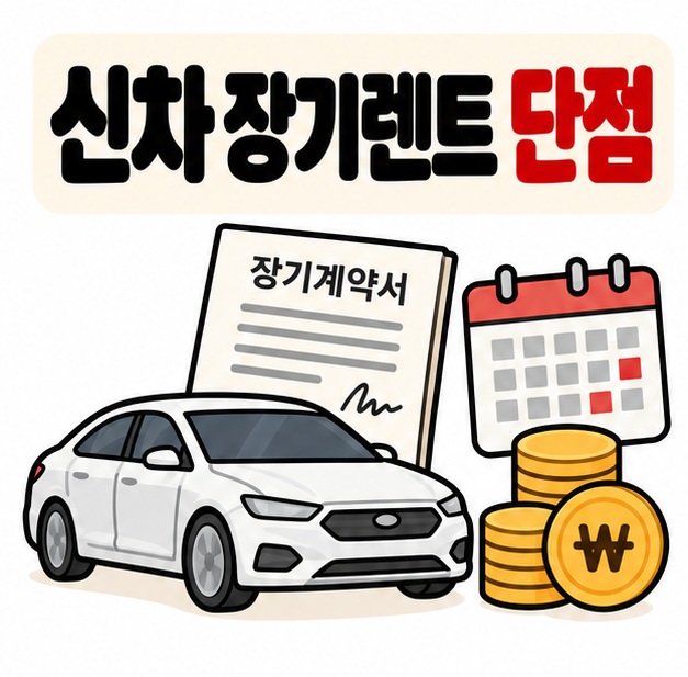 신차와 렌터카 계약서 아이콘 옆에 신차 장기렌트 단점 문구를 크게 보여주는 대표 카드