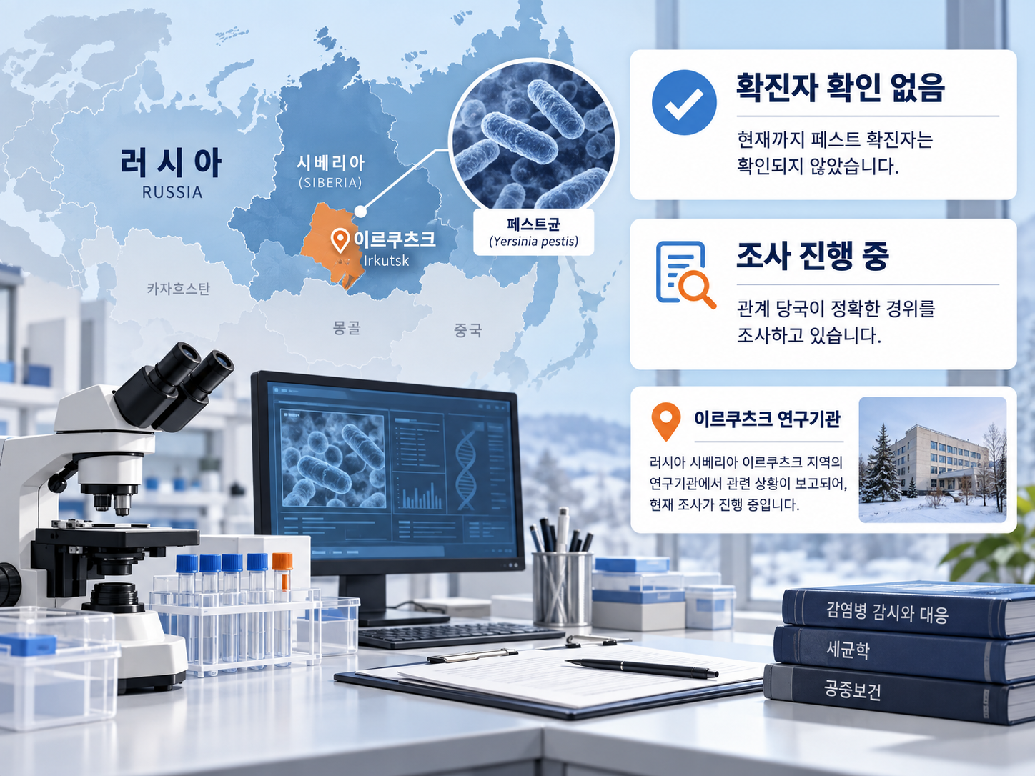 러시아 시베리아 이르쿠츠크 지역의 페스트 연구기관 위치와 확진자 확인 없음, 조사 진행 중 상황을 정리한 인포그래픽