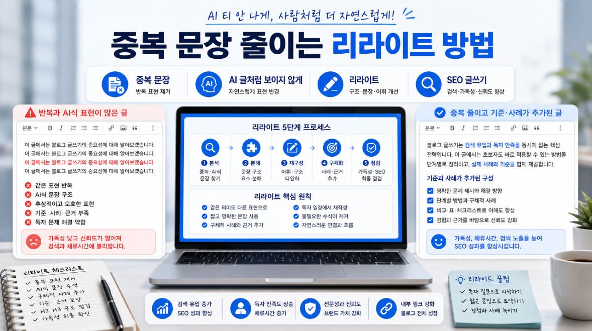 중복 문장을 줄이고 AI 글처럼 보이지 않게 블로그 글을 리라이트하는 방법 이미지