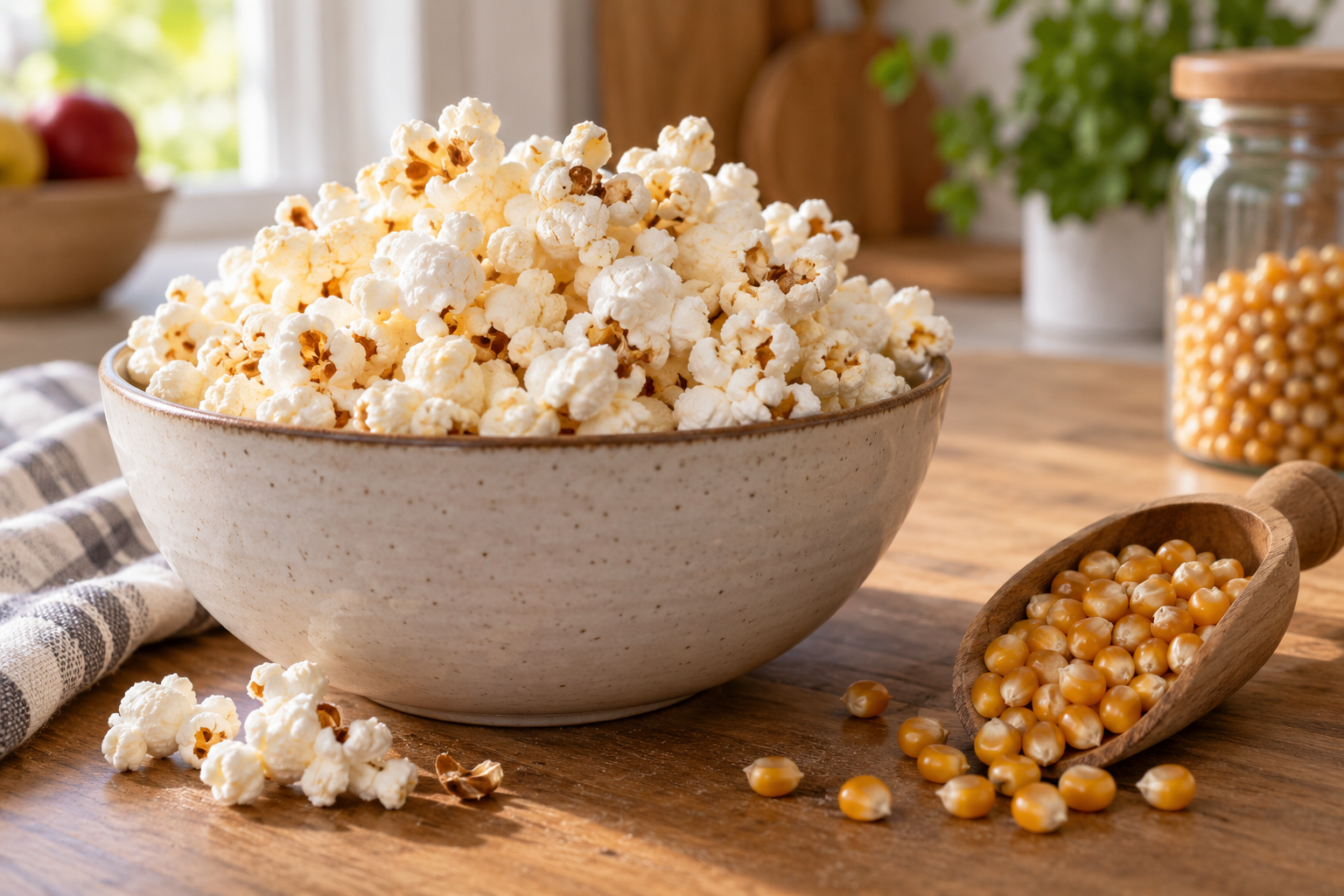 An illustration of popcorn beside unpopped kernels.