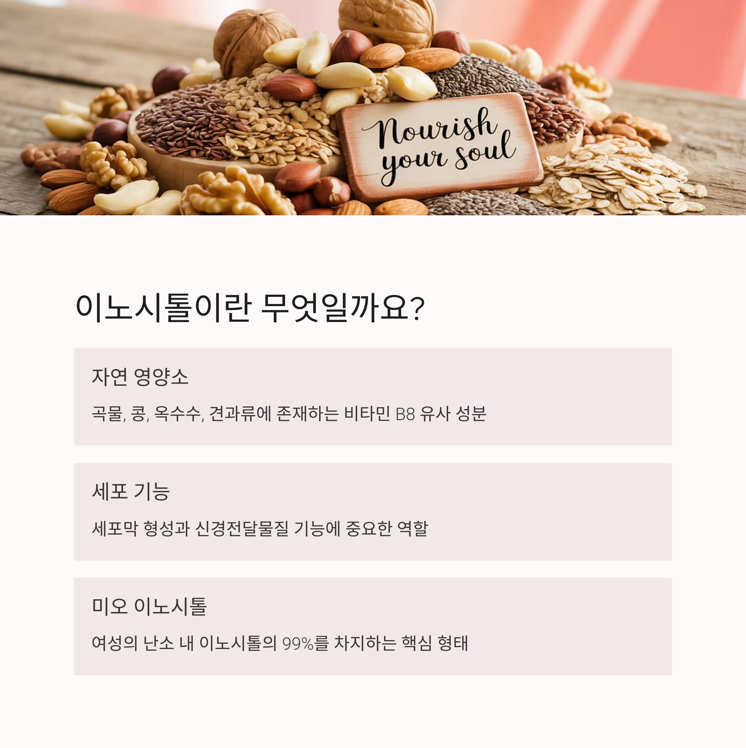 나무 테이블 위에 다양한 견과류, 씨앗, 곡물들이 놓여있고, "Nourish your soul"이라고 쓰인 나무판이 함께 있다.