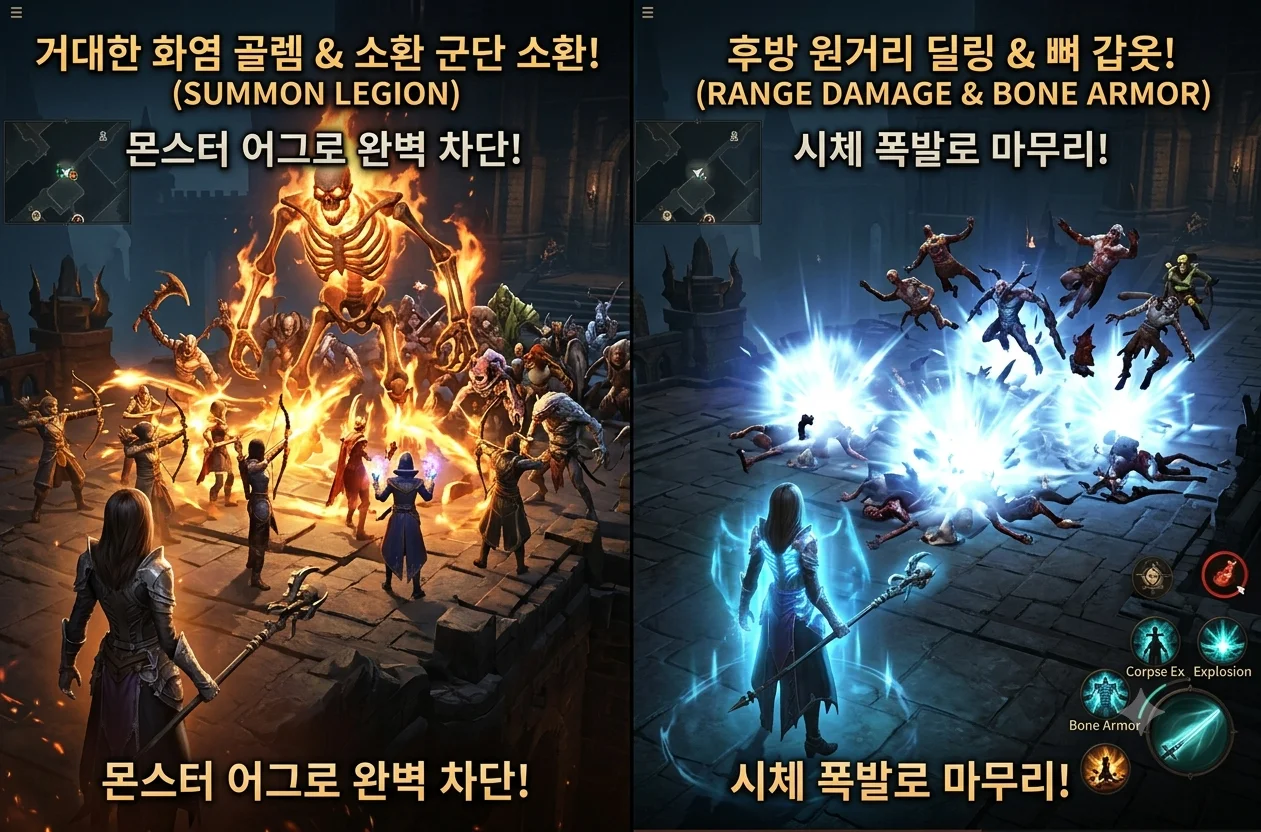 디아블로 이모탈 강령술사 해골 골렘 소환수 자동 사냥 및 전장 뼈 기둥 CC 제어기