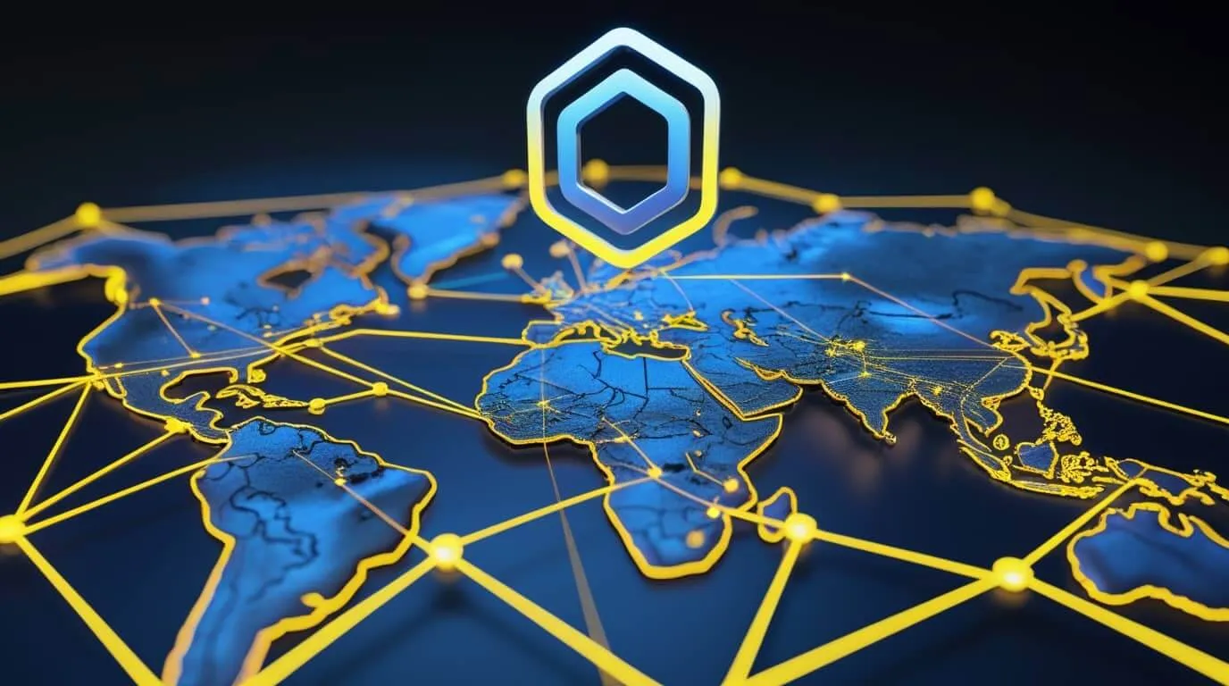체인링크의 글로벌 네트워크 현황을 세계지도와 노란색 노드와 연결 체인으로 표현한 이미지