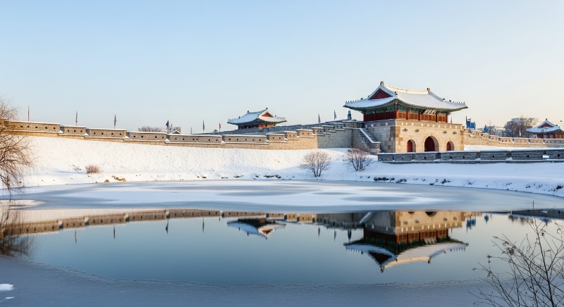 하얀 눈이 소복이 쌓인 수원 화성 성곽과 얼어붙은 용연(방화수류정)의 아름다운 겨울 풍경