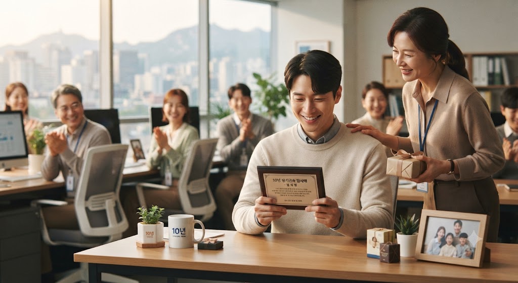 비수도권에서 10년 장기근속한 청년이 인센티브 및 상패 받는 모습