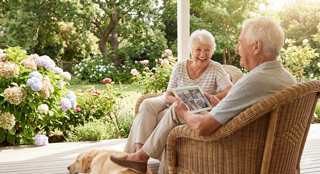 평화로운 노후를 즐기며 스마트폰으로 수익률을 확인하고 미소 짓는 노년 부부의 모습