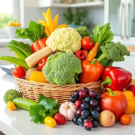 신선하고 밝은 색감의 다양한 채소(브로콜리, 콜리플라워, 양배추, 파프리카 등)와 과일(베리류, 사과, 포도 등)이 조화롭게 놓여 있는 모습입니다. 깨끗하고 밝은 주방 식탁 위에 놓인 바구니나 접시에 담겨 있어 식욕을 돋우고 건강한 느낌을 주는 장면으로 연출해 주세요.