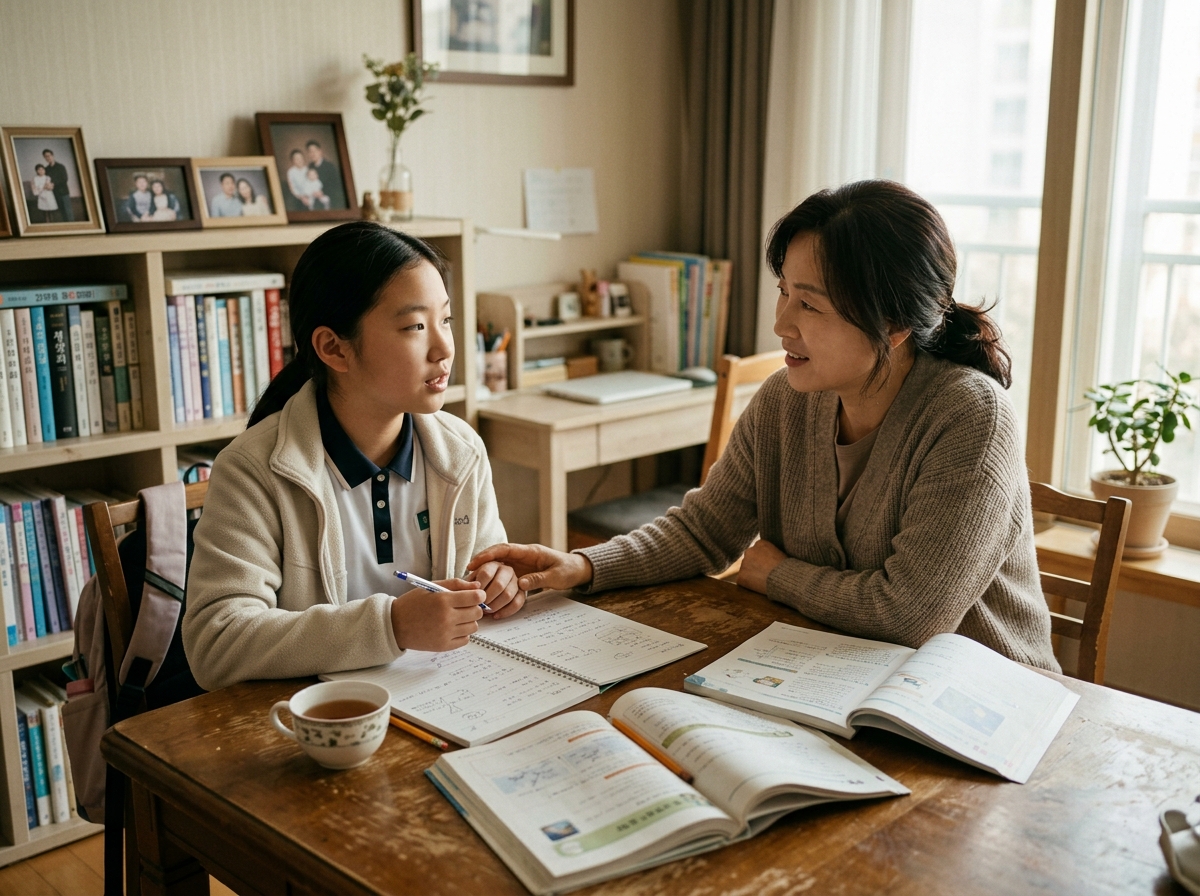 자녀와 함께 학습 계획 및 자기 관리에 대해 이야기 나누는 학부모