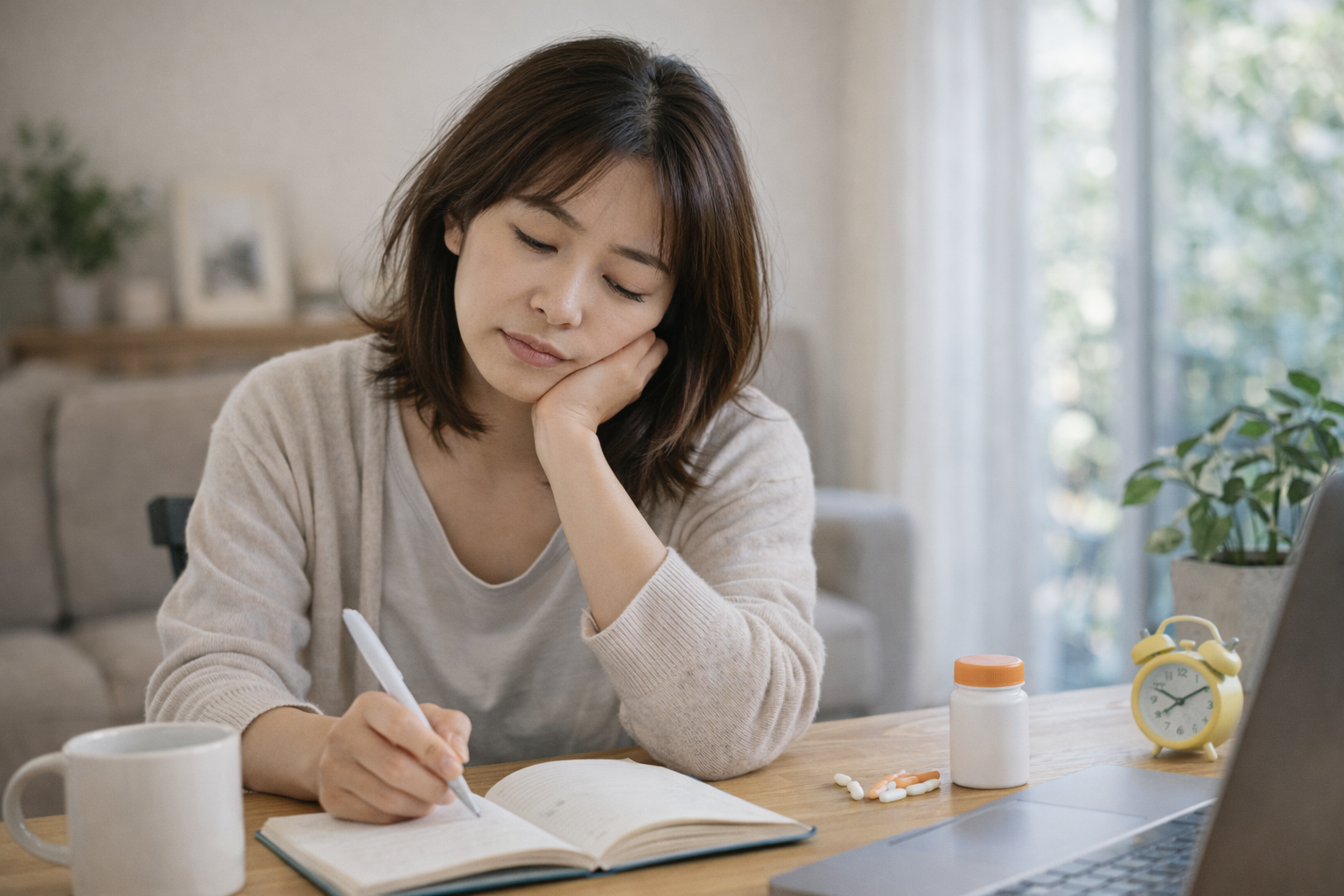 수면검사 결과를 보며 수면 습관과 생활 리듬을 점검하는 30대 한국 여성