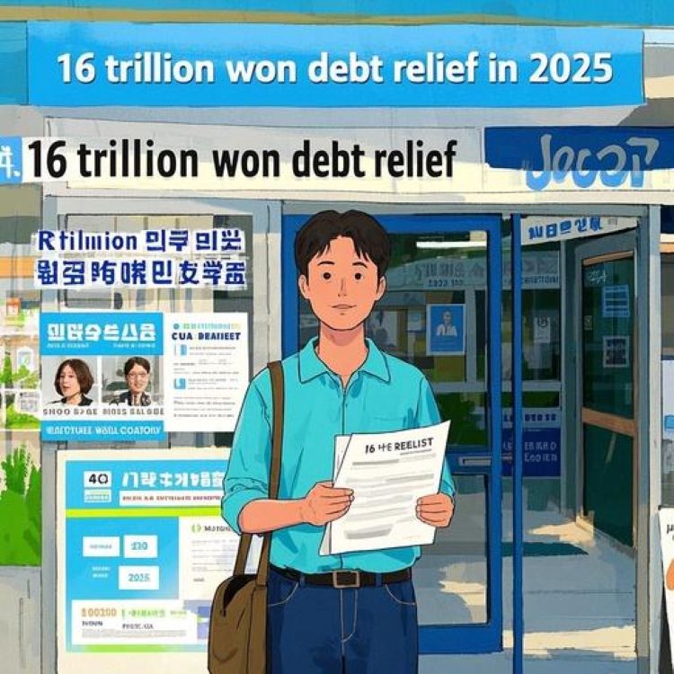 소상공인이 빚 탕감 서류를 들고 희망찬 표정으로 서 있는 장면. 배경에 &lsquo;2025년 16조 원 빚 탕감&rsquo; 텍스트와 지역 상권 활성화 이미지 흐릿하게 표시. 밝은 파란색과 초록색 톤으로 재기와 희망 강조