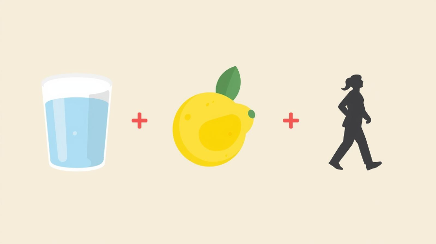 물컵, 레몬, 걷기, 탄산음료 제한을 표현한 건강 체크리스트 일러스트