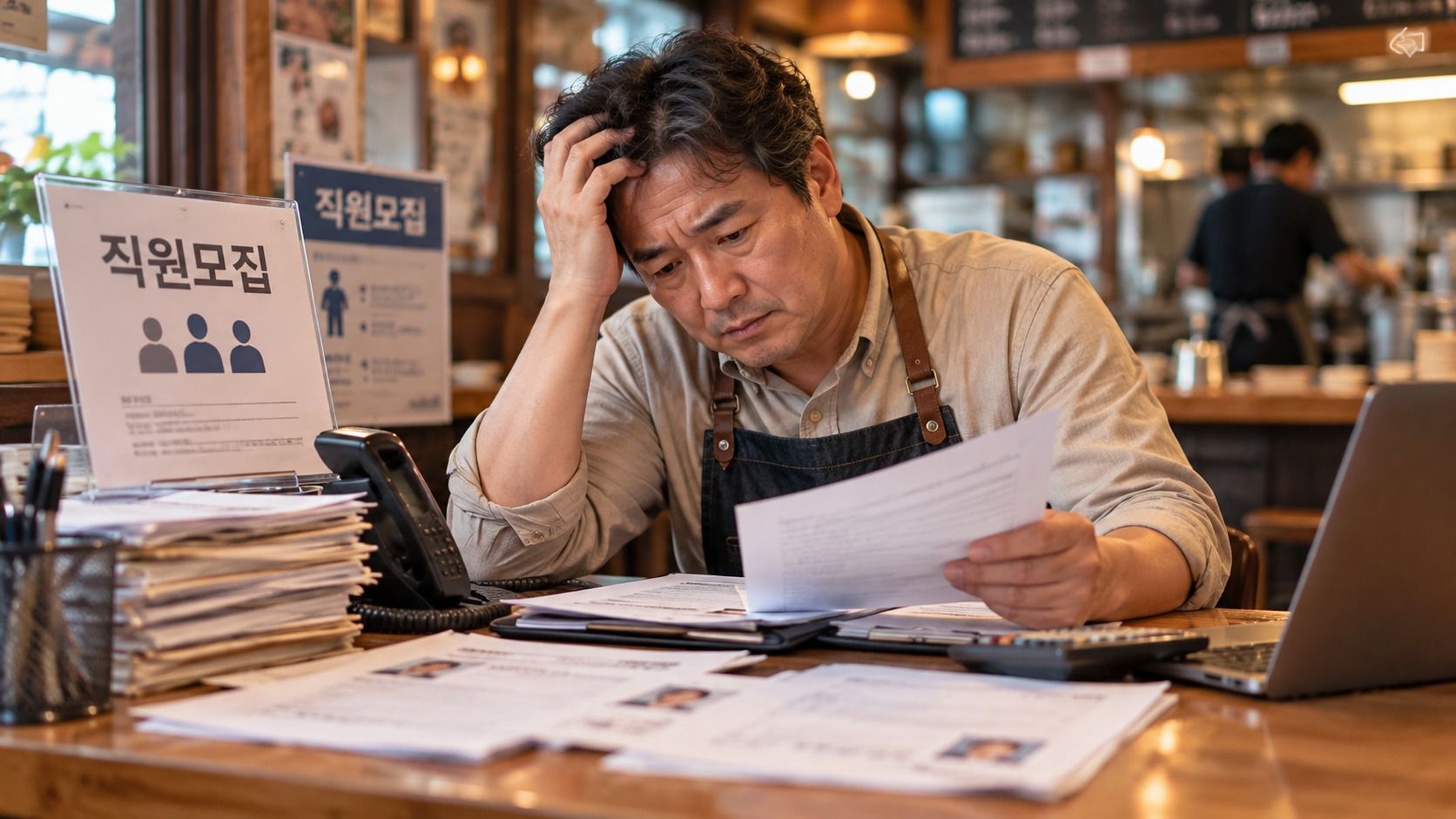 직원 채용과 밀린 업무로 고민하는 중년 음식점 사장님