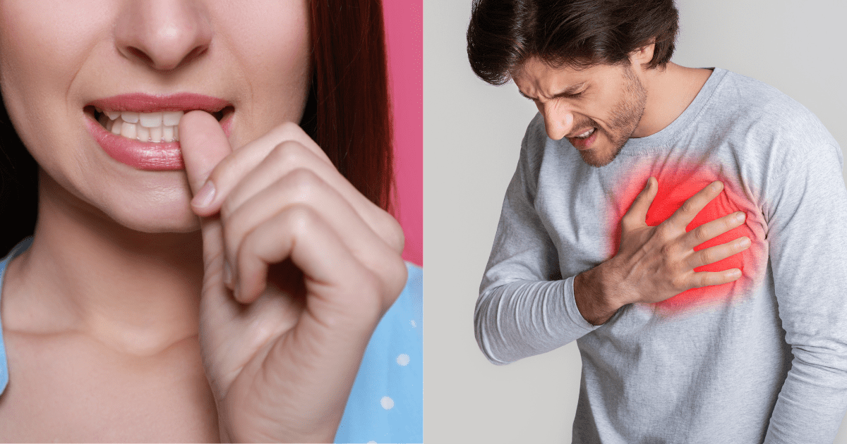 갑상선기능항진증 증상의 일환으로 불안으로 인해 손톱을 뜯는 여자와 불안으로 가슴을 부여잡는 남성