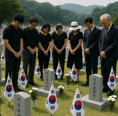 현충일에 현충원을 찾아 묵념하는 이미지