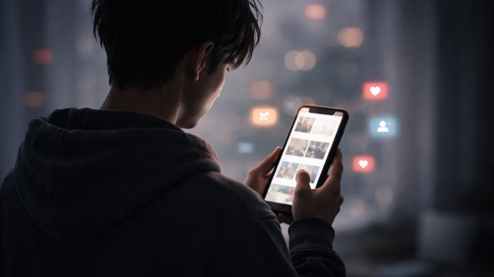 어두운 배경 속에서 흐릿하게 보이는 스마트폰 화면을 바라보는 청년의 뒷모습