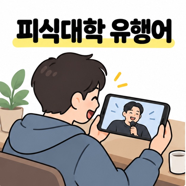 피식대학 유행어 안내 아래에서 마이크를 든 출연자의 코미디 영상을 보는 사람