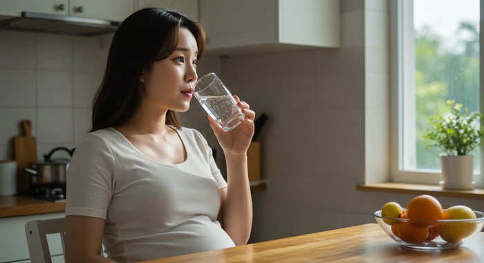 임산부가 탄산수 마시는 장면