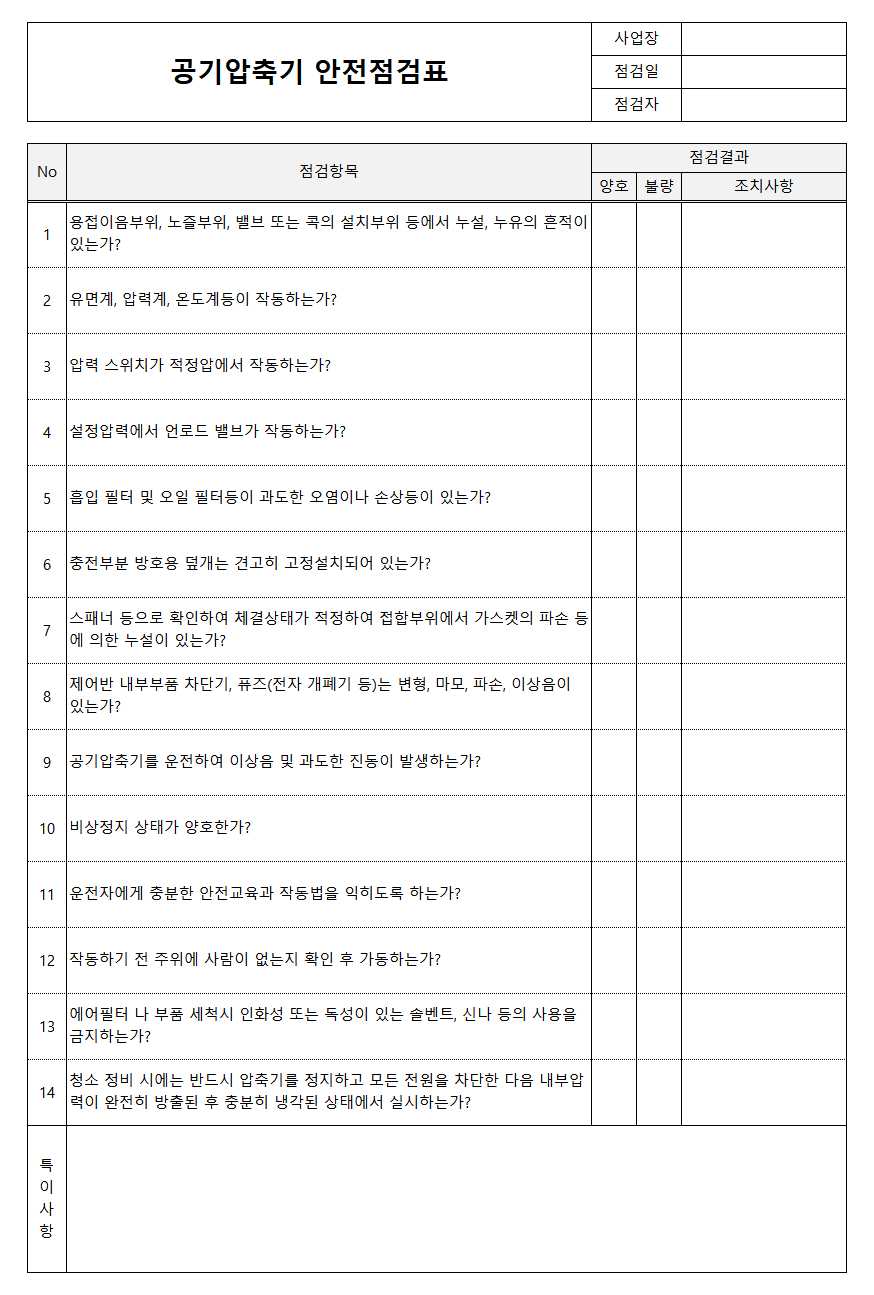 공기압축기 안전점검표