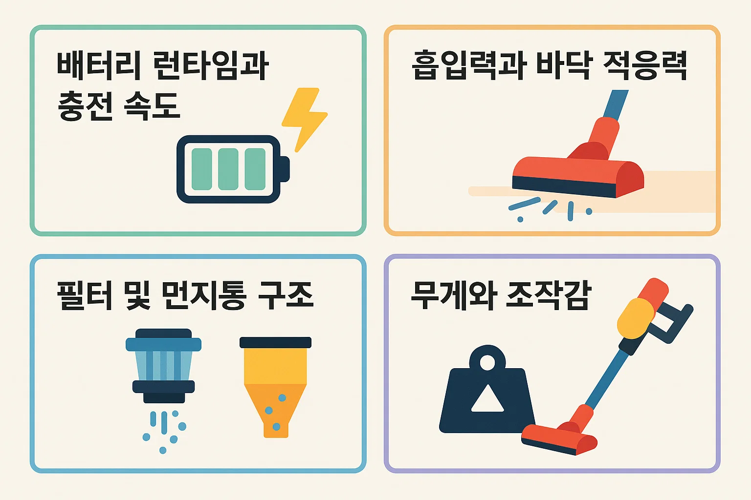 배터리 지속시간, 흡입력, 무게, 필터 구조 등 무선진공청소기 선택 시 꼭 알아야 할 핵심 체크리스트