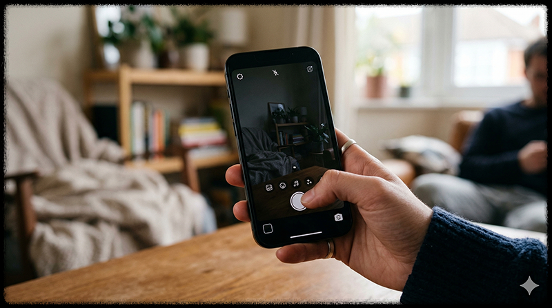 SNS 앱 실행 중 카메라 기능이 충돌하는 스마트폰 모습