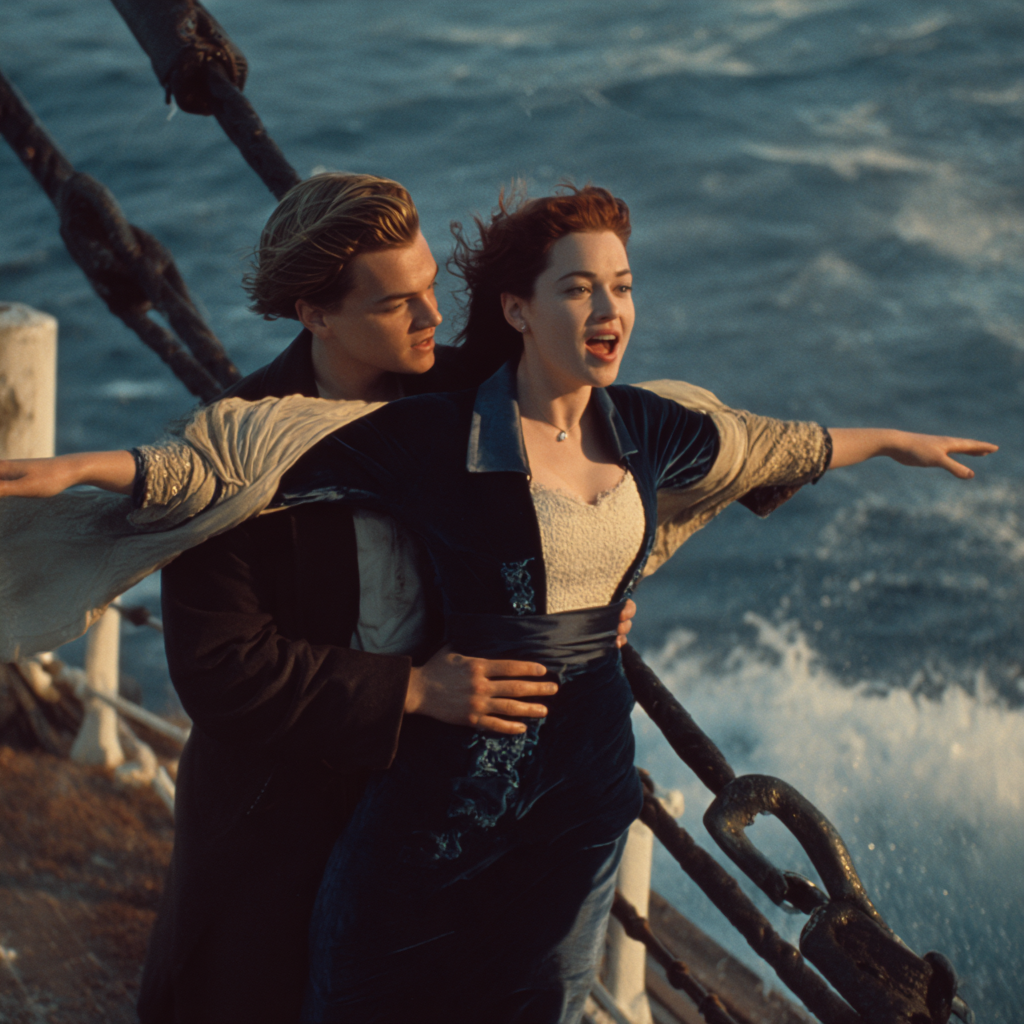 박 앞머리에서 잭이 로즈를 뒤에서 감싸 안고, 로즈가 두 팔을 벌리며 바람을 맞는 명장면