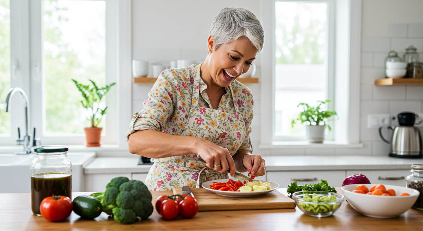 중년의 여인이 부엌에서 웃음기 띤 얼굴로 야채와 과일 등을 손질 한다