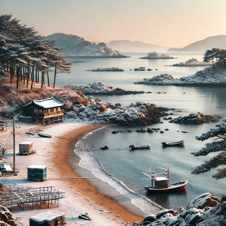 눈 덮인 해변과 잔잔한 바다, 그리고 전통적인 어선과 한옥이 어우러져 고요하고 아름다운 원산도의 매력을 보여 주는 이미지