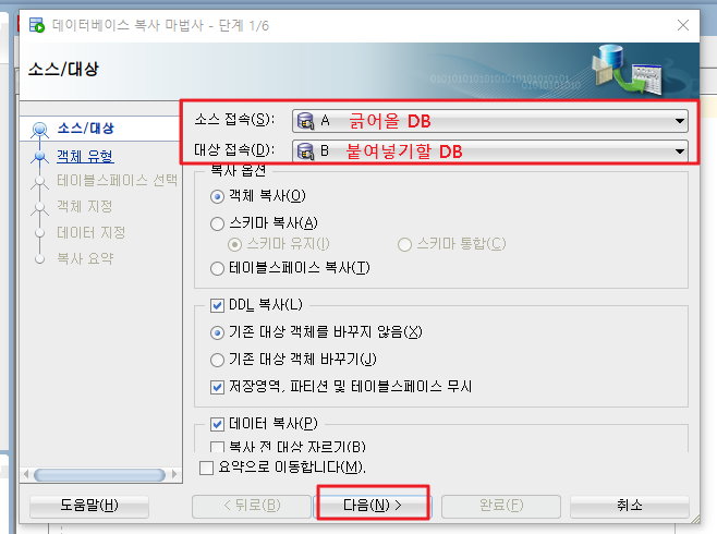 소스 접속, 대상 접속 선택