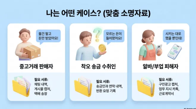 사기이용계좌 지급정지 해제를 위한 유형별 맞춤 소명자료를 안내하는 인포그래픽입니다. 중고거래 판매자는 채팅 내역·게시물 캡처·택배 송장을, 착오 송금 수취인은 송금인과의 연락 내역·반환 요청 기록을, 알바·부업 피해자는 구인광고 캡처·업무 지시 카톡·근로계약서를 준비해야 함을 보여줍니다.