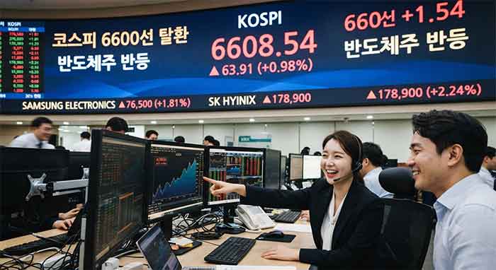 코스피 상승과 반도체주 반등을 보며 기뻐하는 증권가 직원들.