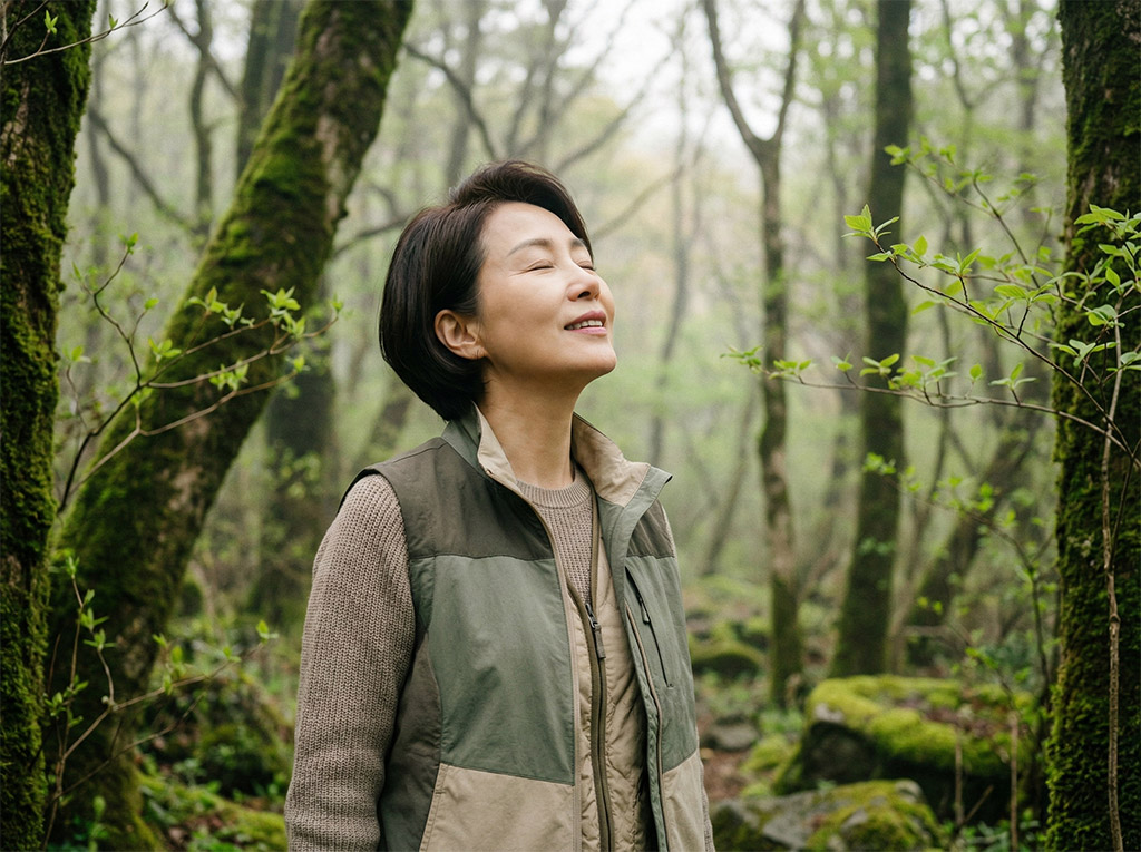 편안한 등산복 차림의 50대 한국 여성이 이끼 낀 숲길을 천천히 걸으며 눈을 감고 깊게 숨을 들이마시는 평화로운 모습