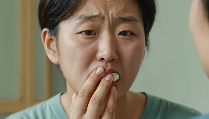 잇몸 염증 증상을 느끼며 통증으로 걱정하는 장면