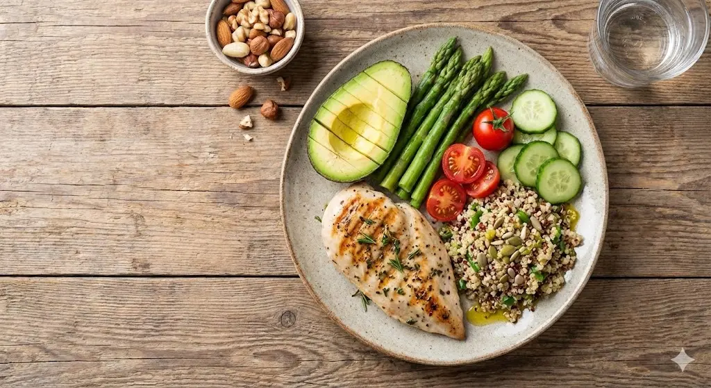 신선한 채소와 단백질이 풍부한 건강 식단 이미지