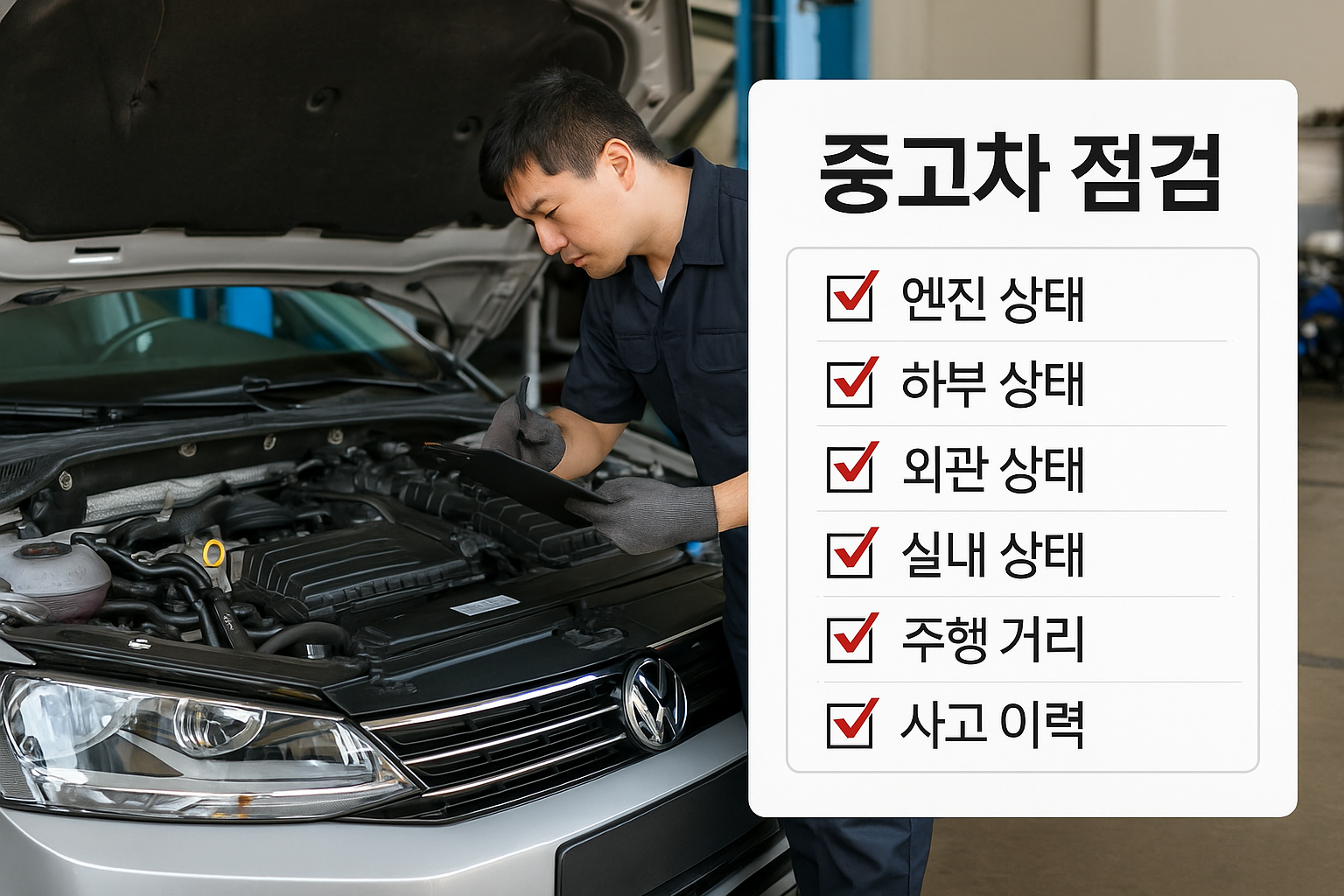 중고차 점검 중인 정비소 장면과 체크리스트