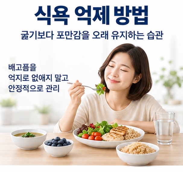 식욕 억제 방법이라는 제목과 단백질 식품 채소 통곡물 물 수면 아이콘을 함께 표현한 균형 잡힌 건강관리 대표 이미지