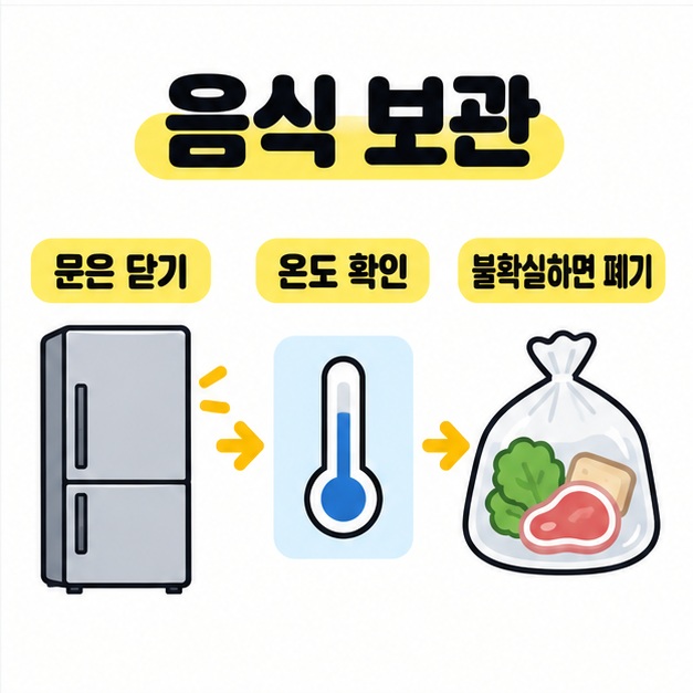 냉장고 문을 닫고 온도를 확인하며 불확실한 식품을 폐기하는 그림