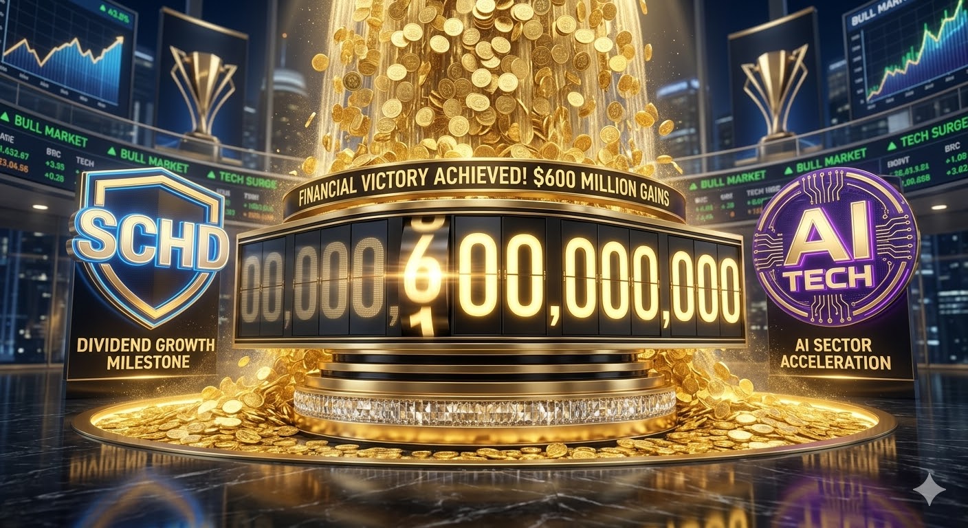 금색 '1억' 숫자가 '6억'으로 변하며 폭포처럼 쏟아지는 3D 이미지. 한쪽에는 슈드(SCHD), 다른 쪽에는 AI 테크 ETF 로고가 대립하며 황금 비중을 암시하는 그래픽