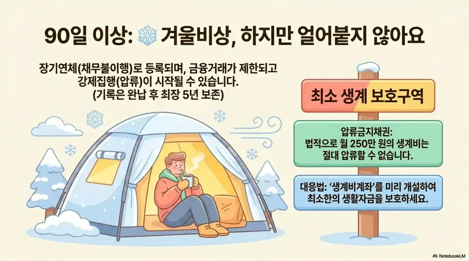 대출 연체 90일 이상 장기연체 단계를 겨울비상으로 표현한 일러스트. 채무불이행 등록과 강제집행이 시작되지만 압류금지채권 월 250만 원으로 최소 생계가 보호됨을 시각적으로 전달하며&amp;#44; 대출 연체 법적 조치와 생계비 보호에 관련된 내용을 설명함