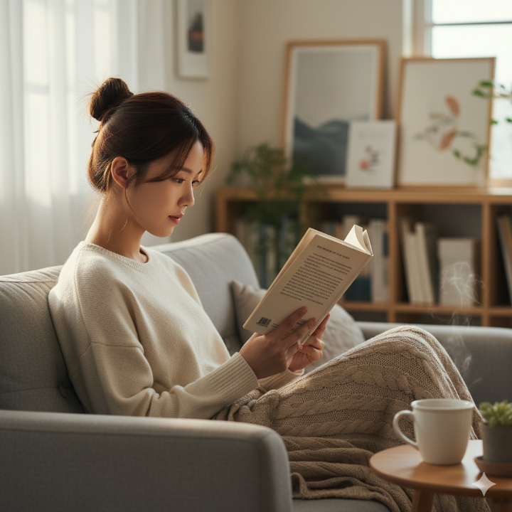 차 한 잔과 함께 편안하게 독서를 즐기는 모습