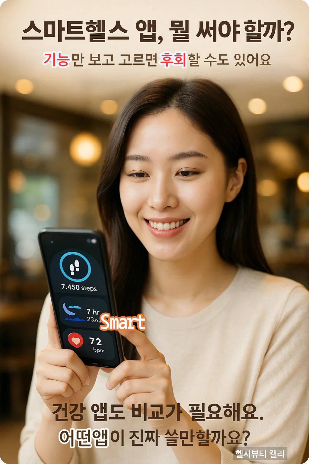 건강앱을 확인하며 미소 짓는 여성의 모습, 스마트폰에 걸음 수와 수면, 심박 수치 표시