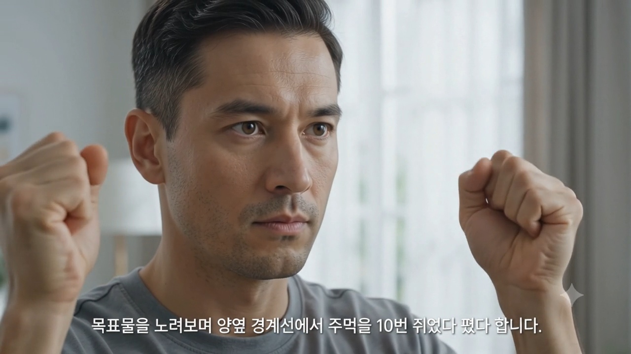 시야훈련하는 사진, 주먹을 귀 주변에 놓고 폈다 오므렸다 하는 사진