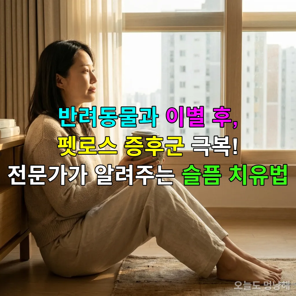 반려동물 유골함을 들고 창밖을 바라보는 한국 여성의 모습