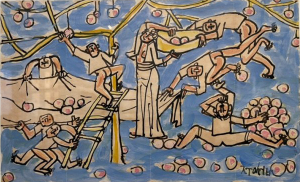 과수원의 가족과 아이들