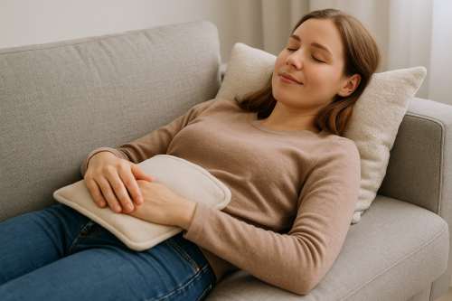 찜질팩으로 복부 냉증 완화하는 여성