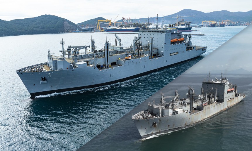 한화오션이 유지·보수·정비(MRO)를 맡은 미국 해군 군수지원함 월리 시라(USNS Wally Schirra)호가 13일 약 6개월간의 작업을 마치고 경남 거제 한화오션 조선소에서 출항했다.