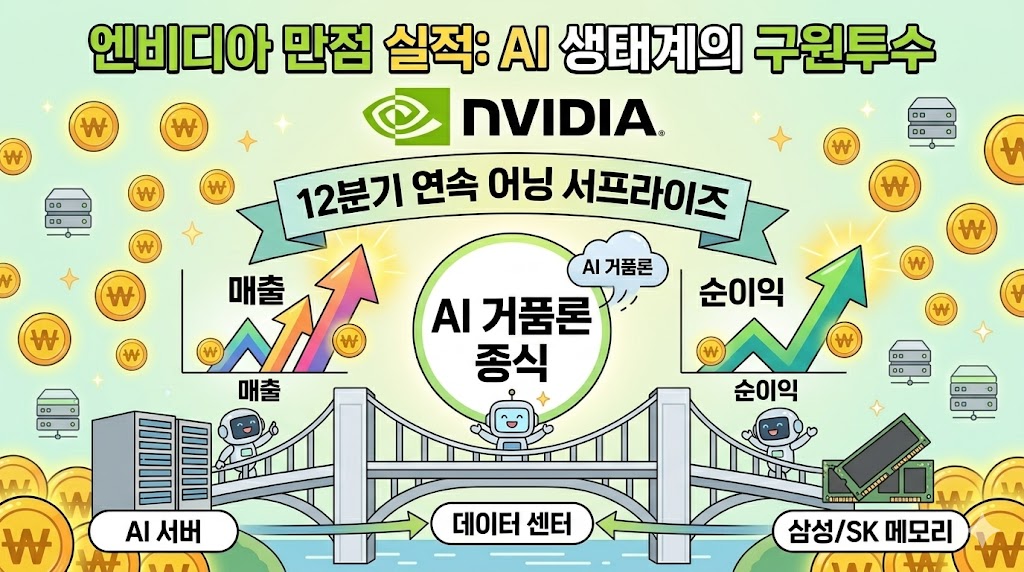 엔비디아 만점 실적 축하 인포그래픽. NVIDIA 로고와 12분기 연속 서프라이즈 배너, 매출 및 순이익 급상승 그래프, AI 거품론 종식 선언, 그리고 AI 서버와 데이터 센터, 삼성 및 SK 메모리를 연결하는 안정적인 교량 구조