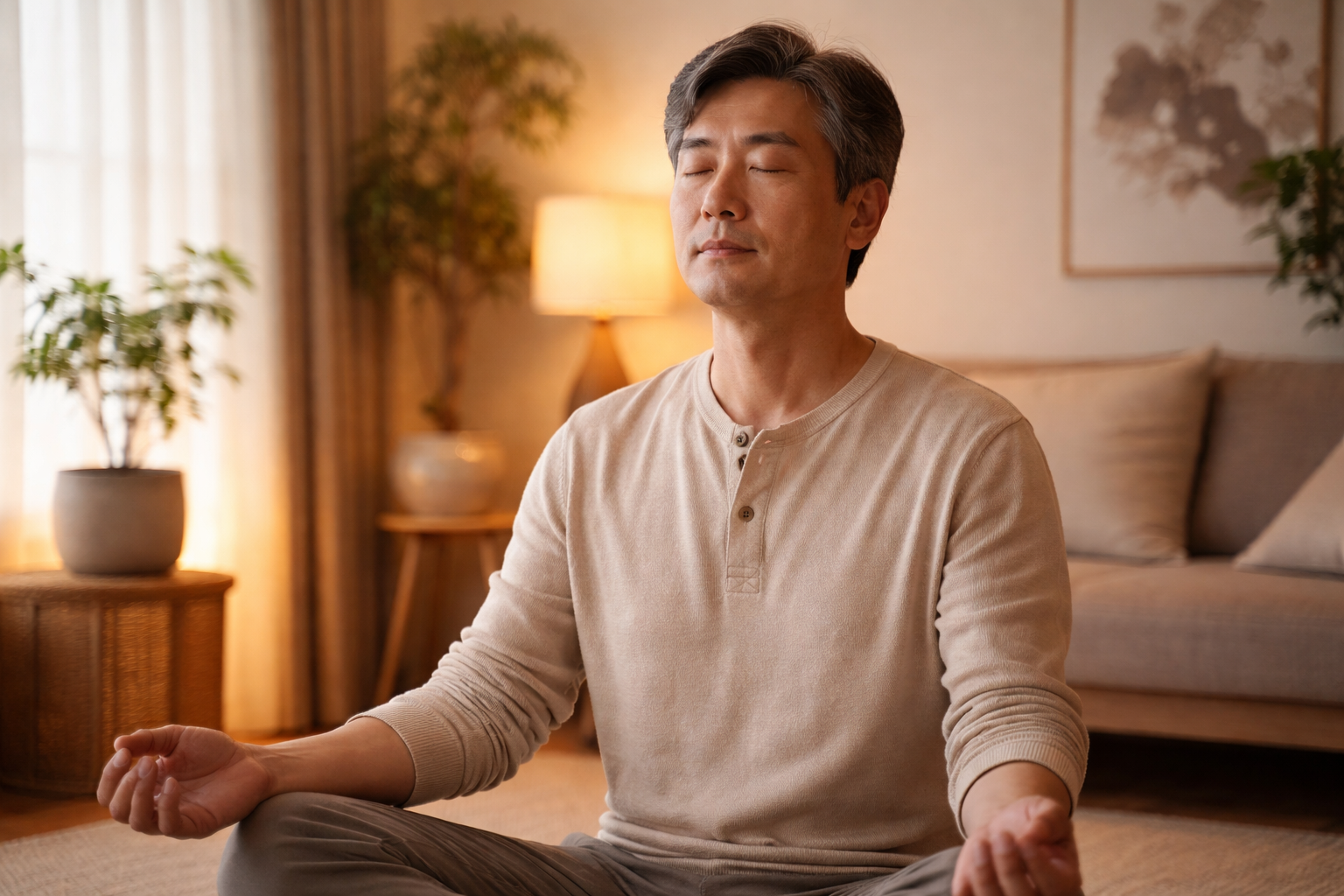 눈을 감고 자연스럽고 깊은 호흡으로 휴식을 취하는 40대 중년 남성