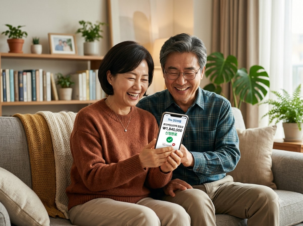 alt="스마트폰 건강보험 앱으로 본인부담상한제 환급금 신청을 완료한 부부"